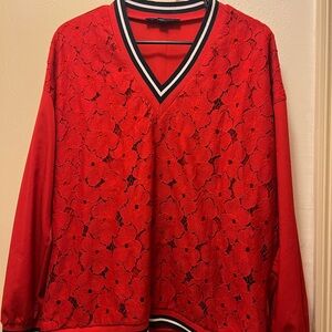 Tommy Hilfiger Red V-Neck Sweater with Striped Trim